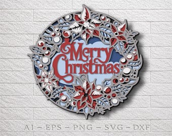 May include: A multi-layered circular wall art piece featuring the text Merry Christmas in red. The design includes intricate cutouts of poinsettia flowers, holly leaves, and berries in shades of red, white, light blue, and dark blue, creating a dimensional effect.