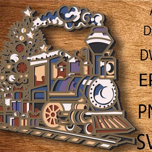 Treno di Natale SVG, Treno multistrato SVG, File di taglio del treno, Pannello multistrato per taglio laser, Locomotiva a vapore 3D, Taglio del compensato