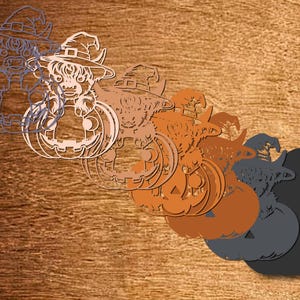 May include: A layered Halloween decoration featuring a witch hat and a pumpkin. The design includes a Highland cow character. The colour palette ranges from white to orange and grey, with a wooden background.