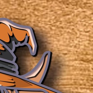 May include: A layered orange and grey witch's hat with a buckle, set against a wood grain background. The hat has a pointed crown and a wide brim, ideal for Halloween or fancy dress.