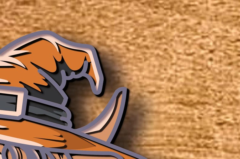 May include: A layered orange and grey witch's hat with a buckle, set against a wood grain background. The hat has a pointed crown and a wide brim, ideal for Halloween or fancy dress.