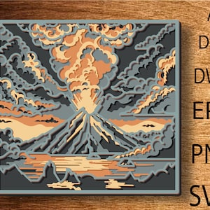 Vulkan Landschaft Multilayer SVG-Dateien, 3D Layer Vulkan, Mandala SVG-Dateien, Laser geschnitten Vorlagendateien, geschichteter CNC-Fräser, 3D Sperrholz Mandala, Wohnkultur