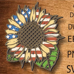 Tournesol patriotique multicouche SVG, drapeau américain, patriotique, fichier découpé au laser, multicouche, découpe bricolage, Glowforge, tournesol en bois, décoration murale