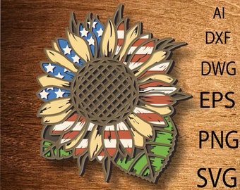 Patriotic Sunflower multilayer SVG, American Flag,Patriotic,Laser Cut file,Multilayer, DIY Cutting,Glowforge,Wooden Sunflower,Wall Decor