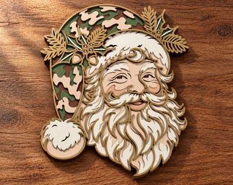 Weihnachtsmann im Camouflage-Look, mehrlagig, SVG-Datei, Laserschneiddatei, 3D-Dekoration, Retro-Weihnachts-DXF