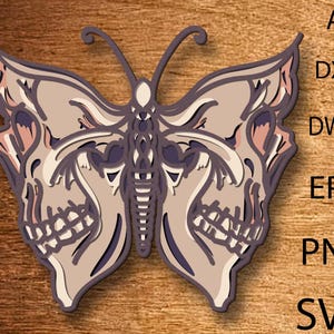 Farfalla teschio 3D SVG, Donna multistrato SVG, Carta tagliata, File tagliato al laser, Taglio fai da te, Glowforge, Illustrazione in legno, Decorazione da parete