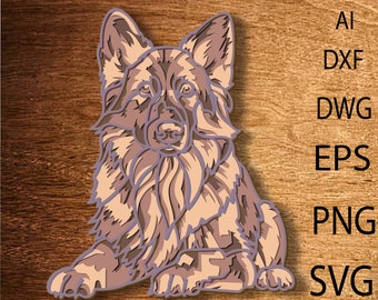 May include: A detailed illustration of a German Shepherd dog sitting with its paws crossed. The dog is depicted in a light brown and purple color scheme, with intricate details in its fur and facial features.