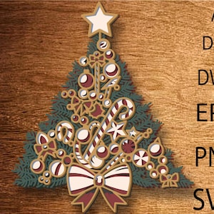 Árbol de Navidad multicapa SVG, árbol de Navidad archivo cortado con láser, capa 3D, corte de madera contrachapada, corte de papel, archivo SVG de árbol 3D mandala, decoración navideña para el hogar
