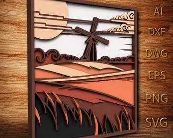 Paisaje de molino de viento SVG multicapa/Archivo de corte láser de puesta de sol en casa de campo/Arte de pared de madera 3D