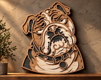 Bulldogge, mehrlagige SVG-Datei, Laserschneiddatei, 3D-Dekoration, Mandala mit Hundemotiv