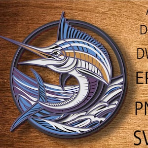 File SVG Mandala 3D di pesce marlin, file di modelli di taglio laser per la pesca, file SVG per router CNC a strati, mandala in compensato 3D, taglio di compensato a strati 3D