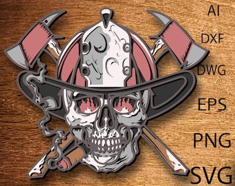 May include: A black and white skull wearing a red and white firefighter's helmet with a black brimmed hat on top. The skull is smoking a cigar and holding two crossed axes.