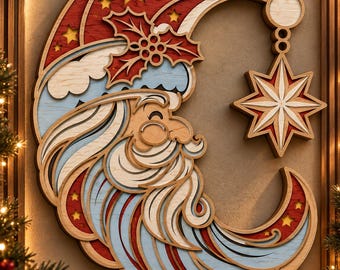 Mehrschichtige SVG-Datei mit Weihnachtsmann-Mond, 3D-Mandala, Laserschnitt, Papierschnittdatei, DIY, Sperrholzzuschnitt