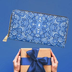 Cartera de mujer con diseño azul de flujo de ilustraciones originales abstractas para regalo del día de la madre