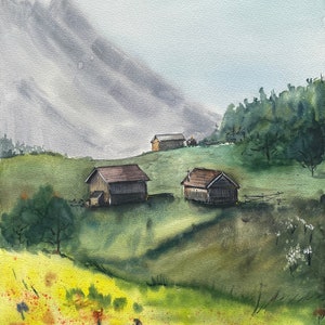 Original Watercolor Painting &quot;Summer in Carpathians&quot; Wall Decor Gift Ukraine Art, Mountain, Landscape art, Cityscape