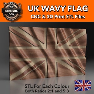 May include: A 3D printed model of a wavy UK flag, made of wood. The flag is in the colors of the UK flag: red, white, and blue. The model is available in two ratios: 2:1 and 5:3. STL files are included for each color.