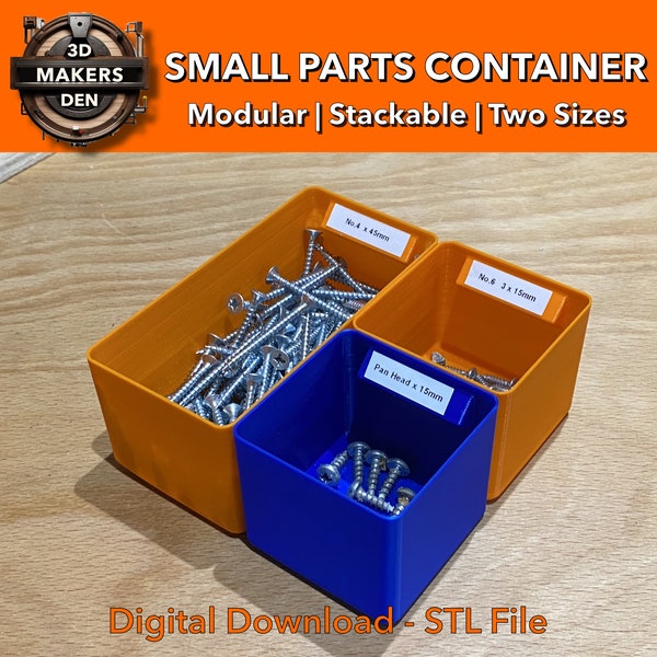 Conteneurs de petites pièces - Fichier numérique STL pour l'impression 3D | Bacs modulaires avec espace pour étiquette