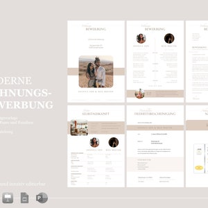 Könnte beinhalten: Eine moderne Wohnungsbewerbungsvorlage in einem beigefarbenen Farbschema. Die Vorlage enthält Abschnitte für persönliche Daten, Selbstauskunft, Beschäftigungsgeschichte und Referenzen. Die Vorlage ist für Singles, Paare und Familien konzipiert.