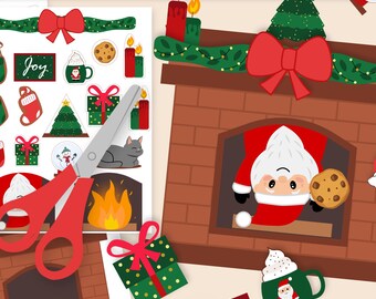 May include: A festive Christmas-themed craft kit with the text "Decorate the Fireplace". Includes cut-out decorations, a fireplace illustration, scissors, glue, and the word "Joy". Features a Santa Claus, Christmas tree, and a gray cat.