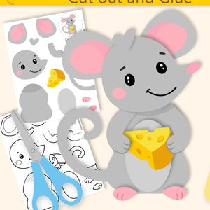 Peut inclure: Un kit de bricolage numérique intitulé MOUSE CRAFT Cut out and Glue avec une souris grise tenant un morceau de fromage jaune. Le kit comprend des feuilles imprimables avec des pièces de souris, un contour de souris noir et blanc, des ciseaux bleus et une bouteille de colle jaune.