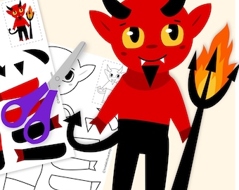 May include: A colorful "Devil Craft" printable with a red devil illustration holding a trident. Includes cut-out pieces, scissors, and glue. The text "Cut and Glue" and "Instant Download" are visible.