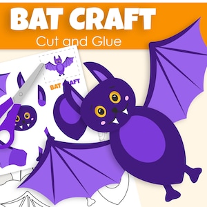Puede incluir: Una manualidad de murciélago morado con el texto "BAT CRAFT Cut and Glue" y "INSTANT DOWNLOAD". La imagen incluye un murciélago de dibujos animados, tijeras, pegamento y plantillas de alas de murciélago.