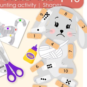 May include: A digital download graphic with the text "BAND-AID 1-10" and "Counting activity | Shapes". The image features a gray bunny and cat with bandages, along with numbered bandages and a glue bottle. The text "INSTANT DOWNLOAD" is at the bottom.