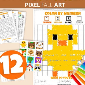 May include: A digital download featuring a "Color by Number" pixel art activity with the text "Pixel Fall Art." The image includes a grid with a yellow chick, color keys, and colored pencils. The text "Instant Download" is also present.