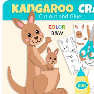 Puede incluir: Un kit de manualidades de canguro con un canguro marrón grande con una cría en su bolsa, hojas impresas con piezas para recortar, unas tijeras de color verde azulado y un bote de pegamento amarillo. El texto dice KANGAROO CRAFT, Cut out and Glue, COLOR, B&W, GLUE e INSTANT DOWNLOAD.