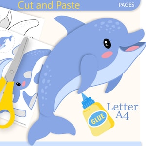 Op de afbeelding: Een Dolphin Craft knip- en plakset met vier pagina's aan printbare sjablonen. Het ontwerp bevat een blauwe dolfijnillustratie, een gele schaar en een lijmflesje. Tekst: Dolphin Craft, Cut and Paste, 4 Pages, A4.