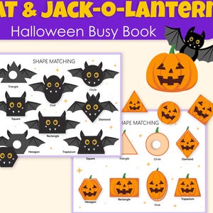May include: A Halloween-themed busy book with bat and jack-o-lantern illustrations. The book features shape-matching activities with bats and jack-o-lanterns, including shapes like triangles, squares, and diamonds. The text "INSTANT DOWNLOAD" is displayed.