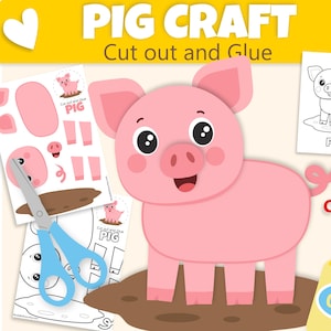 Peut inclure: Un kit de bricolage numérique intitulé PIG CRAFT Cut out and Glue avec une illustration de cochon rose, une page de coloriage de cochon en noir et blanc, des ciseaux bleus et une bouteille de colle jaune. Texte B&W COLOR et INSTANT DOWNLOAD.