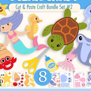 May include: An Ocean Craft Cut & Paste Craft Bundle Set #2 featuring eight sea creatures including a mermaid, turtle, crab, seahorse, jellyfish, and hammerhead shark. Includes yellow scissors, a glue bottle, and printable assembly sheets.