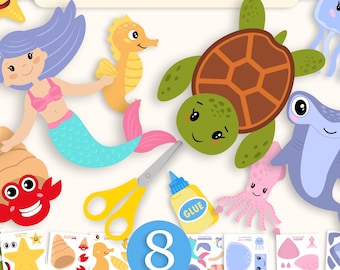 Kit de manualidades de animales marinos: recorta, pega y colorea - Actividad imprimible para niños (descarga digital)