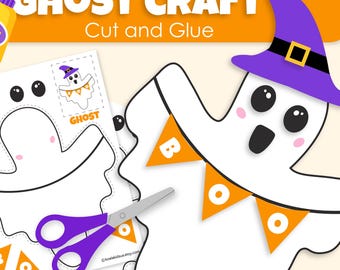 May include: A Halloween-themed craft kit with a white ghost design, featuring a purple witch hat and orange banner that spells "BOO". Includes a glue bottle, scissors, and the text "Ghost Craft Cut and Glue" and "Instant Download".