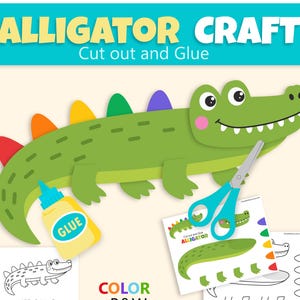 Könnte beinhalten: Ein Alligator-Bastelset mit einem grünen Alligator mit bunten Stacheln, einer gelben Klebeflasche und einer türkisfarbenen Schere. Das Bild enthält bedruckte Bögen mit Alligator-Teilen in Farbe sowie in Schwarz-Weiß mit der Aufschrift ALLIGATOR CRAFT.