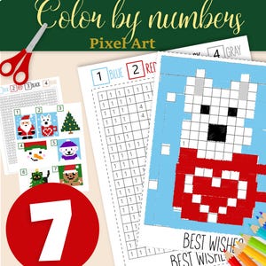 May include: A color-by-numbers activity sheet with a pixel art design of a dog in a mug, with the text "BEST WISHES". Includes colored pencils, a pair of scissors, and other color-by-number sheets. The text "Color by numbers" and "INSTANT DOWNLOAD" are also visible.