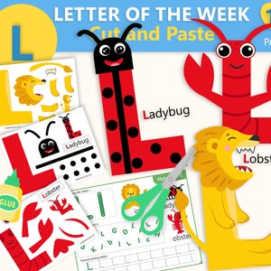 May include: Educational printable featuring the letter "L" with cut-and-paste activities. Includes a ladybug, lobster, and lion illustrations. The image also shows scissors and glue, with the text "Letter of the Week" and "Instant Download".
