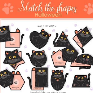黒猫の2D図形マッチング | ハロウィーンのペットアクティビティ ビジーブックページ | ファイルフォルダーゲーム | 幼稚園学習バインダー | 印刷可能なワークシート