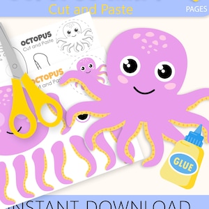 Pode incluir: Um conjunto de atividades digitais de recortar e colar com tema de polvo de quatro páginas. O design inclui um polvo rosa com olhos grandes, tesouras amarelas e um frasco de cola amarelo. Texto: OCTOPUS CRAFT, 4 PAGES, INSTANT DOWNLOAD.