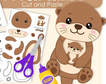 May include: An otter craft cut and paste activity set featuring a large brown otter holding a smaller otter. The set includes printed sheets with otter parts, a pair of purple scissors, and a yellow glue bottle. Text includes OTTER CRAFT, Cut and Paste, FULL color, B&W versions, PDF, and INSTANT DOWNLOAD.