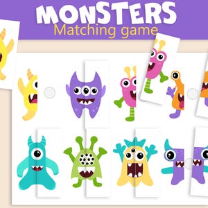 ハロウィンモンスターマッチングゲーム：幼児向けパズルアクティビティ（PDF印刷可能）