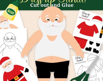 Könnte beinhalten: Ausdruckbare Weihnachtsbastel-Aktivität für Kinder. Anzieh-Santa zum Ausschneiden und Kleben mit einer Santa-Umrandung, einem weißen Tanktop, schwarzen Shorts, grünen Socken und einer Schere. Der Ausdruck enthält eine Weihnachtsmannmütze, einen Mantel, einen Gürtel, eine Hose, Stiefel und eine Klebeflasche.