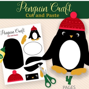 May include: A printable penguin craft activity for children. The craft includes a penguin with a red hat, a glue bottle, and scissors. The text on the page says "Penguin Craft Cut and Paste" and "4 Pages".