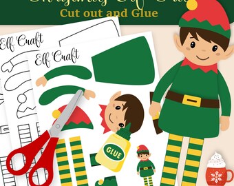 May include: A Christmas Elf Craft printable with cut-out pieces, scissors, and glue. The image features a finished elf illustration, a bonus mug, and the text "INSTANT DOWNLOAD". The elf is wearing a green outfit with yellow striped legs.
