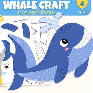 May include: A whale craft cut and paste activity set with 4 pages, featuring a blue whale illustration, a yellow glue bottle icon, and yellow scissors. The text reads WHALE CRAFT Cut and Paste, 4 PAGES, and INSTANT DOWNLOAD.
