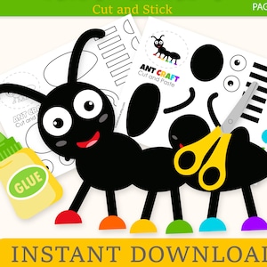May include: An Ant Craft Cut and Stick activity set featuring 4 pages of printable templates. The design includes a cartoon ant with a black body, large white eyes, and colourful feet, alongside a yellow glue bottle and yellow-handled scissors.