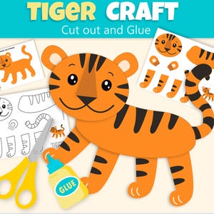 Puede incluir: Un set de manualidades Tiger Craft Cut out and Glue con un tigre de dibujos animados, tijeras amarillas y un frasco de pegamento. Las hojas imprimibles incluyen partes del tigre, rayas y caras. El texto dice TIGER CRAFT Cut out and Glue e INSTANT DOWNLOAD.