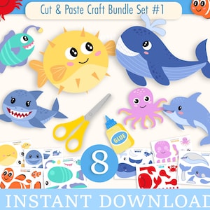 May include: An Ocean Craft Cut & Paste Craft Bundle Set #1 featuring cartoon sea creatures including a red crab, orange clownfish, teal anglerfish, yellow pufferfish, blue whale, gray shark, pink octopus, and blue dolphin with scissors and glue.