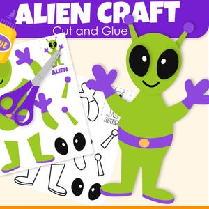 May include: A green alien craft cut-and-glue craft kit with purple accents. The kit includes a green alien, cut-out pieces, scissors, and glue. The text "Alien Craft" and "Instant Download" are visible.